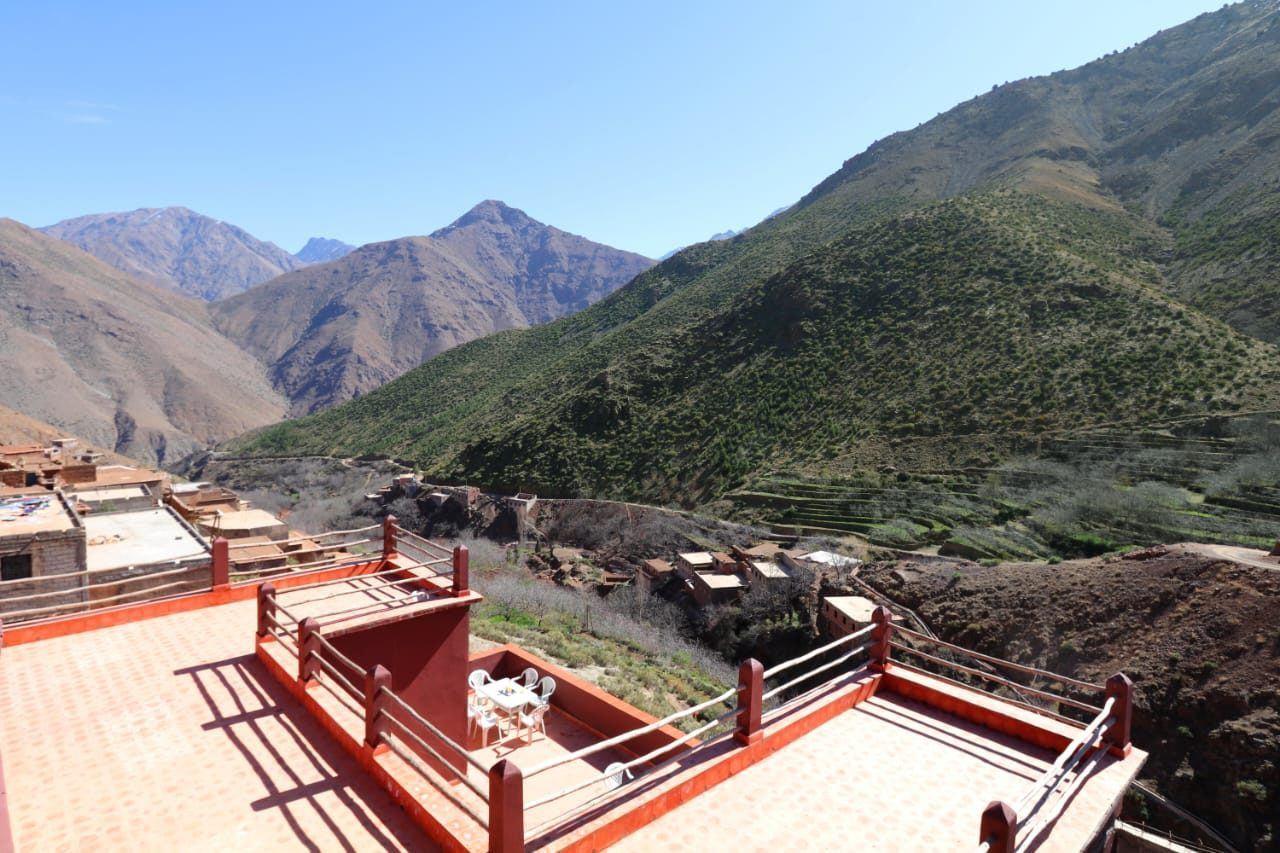 A terrace in the Imlil valley with the High Atlas mountains behind