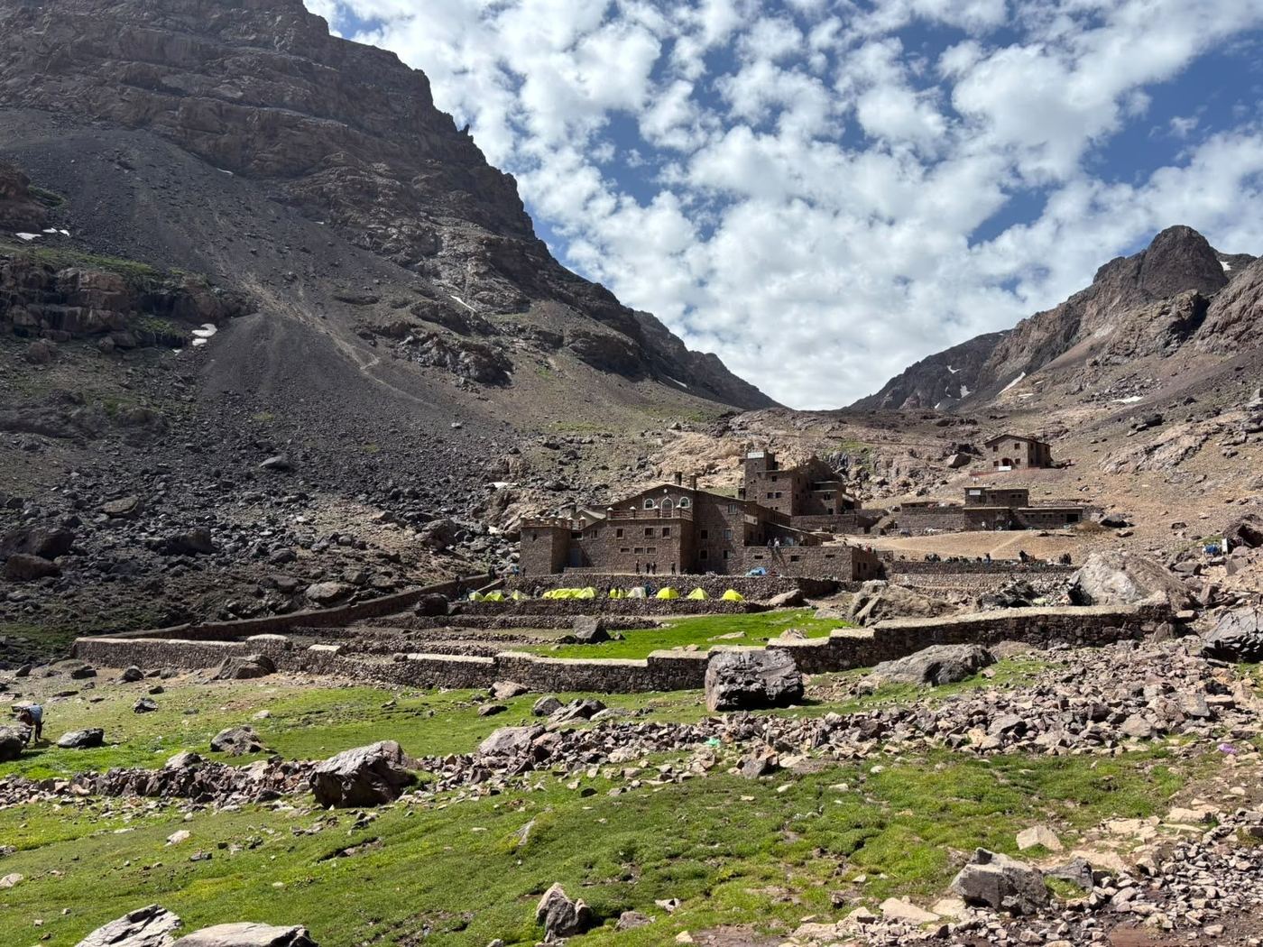 The valley and refuge below Toubkal on a sunny day
