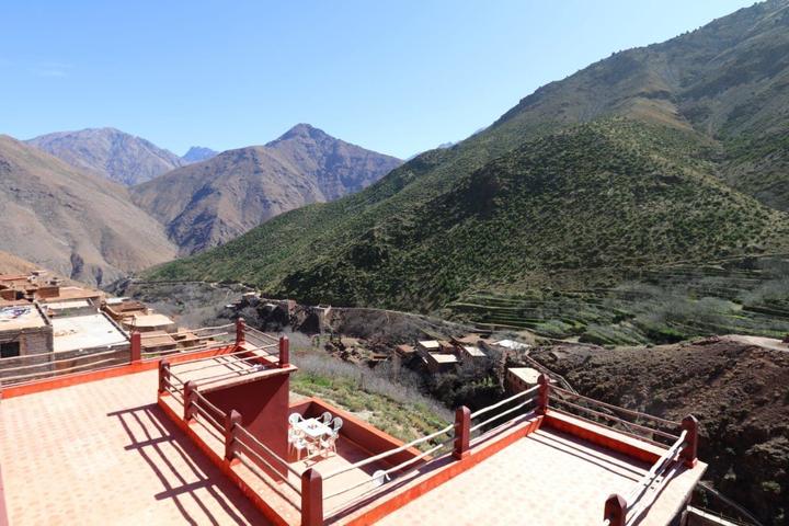 A terrace in the Imlil valley with the High Atlas mountains behind
