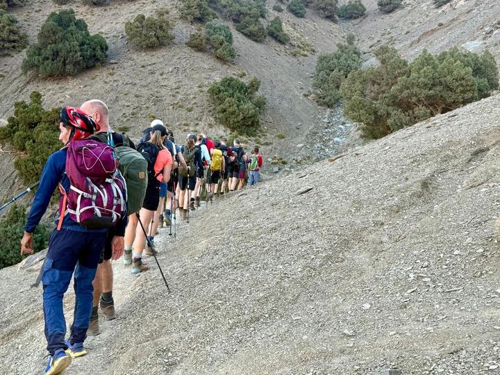 A line of trekkers with their guide climbing a mountain path